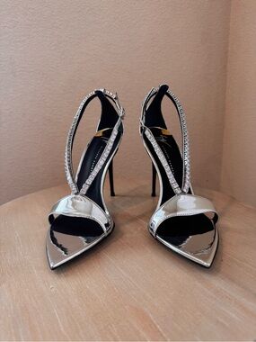 Giuseppe Zanotti Intriigo Jewel 105 Mirror Silver Crystal Slingback - EU 40 NIB